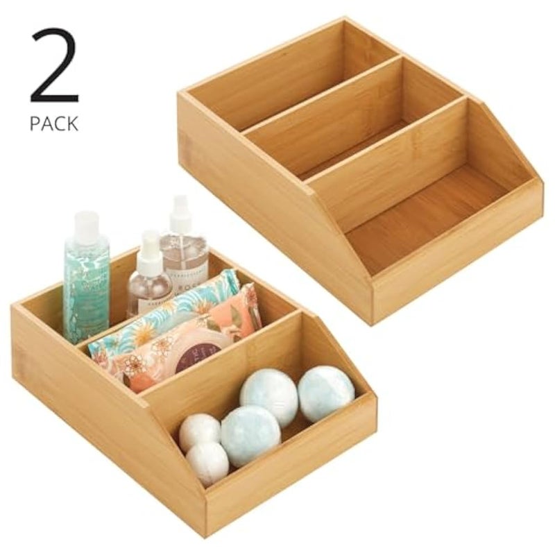 mDesign Bamboo Wood 3 Tier Counter Organizer Bin, Multi-Compartment Storage Box for Bathroom, Cabinets, Shelves, Countertops; Holds Vitamins, Bath Bombs, Cosmetics, Echo Collection - 2 Pack - Natural - Image 2