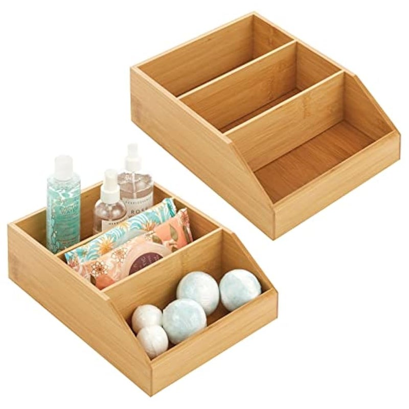 mDesign Bamboo Wood 3 Tier Counter Organizer Bin, Multi-Compartment Storage Box for Bathroom, Cabinets, Shelves, Countertops; Holds Vitamins, Bath Bombs, Cosmetics, Echo Collection - 2 Pack - Natural - Image 1