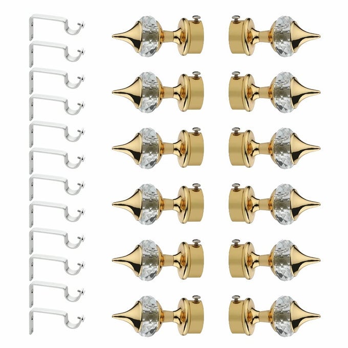 ALUMINIUM SINGLE DIAMOND CURTAIN BRACKETS PARDA HOLDERS WITH SUPPORT FITTINGS 1 INCH ROD POCKET FINIALS DESIGNER DOOR AND WINDOW GOLDEN 6 PAIR