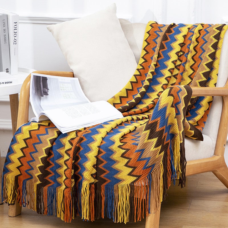 Bohemian Tassel Knit Throw Blanket Office Nap Coffee 