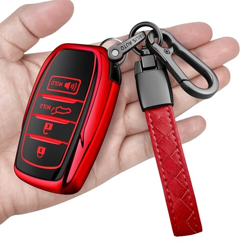 Sindeda for Toyota Key Fob Cover with Metal Keychain & Leather Strap for 2025-2026 Camry 4 Runner 2019-2026 Venza, Land Cruiser,2023-2026 Tacoma Grand Highlander,Corolla,bZ4X,4-5 Buttons(Red) - Image 1