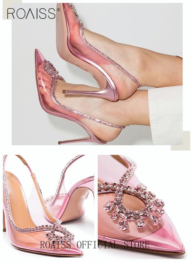 roaiss Women Rhinestone Decor Slingbacks PVC Stiletto Heeled Glamorous Pumps Fashion Crystal High Heels Slip On Slingback Pointed Closed Toe Transparent PVC Dress Wedding Sandals Summer Shoes - Image 2