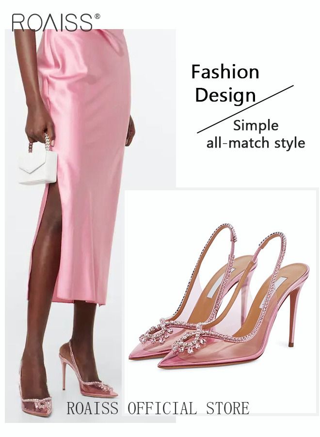 roaiss Women Rhinestone Decor Slingbacks PVC Stiletto Heeled Glamorous Pumps Fashion Crystal High Heels Slip On Slingback Pointed Closed Toe Transparent PVC Dress Wedding Sandals Summer Shoes - Image 3