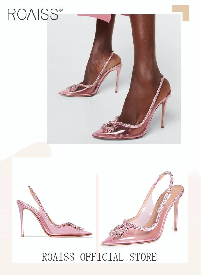 roaiss Women Rhinestone Decor Slingbacks PVC Stiletto Heeled Glamorous Pumps Fashion Crystal High Heels Slip On Slingback Pointed Closed Toe Transparent PVC Dress Wedding Sandals Summer Shoes - Image 4