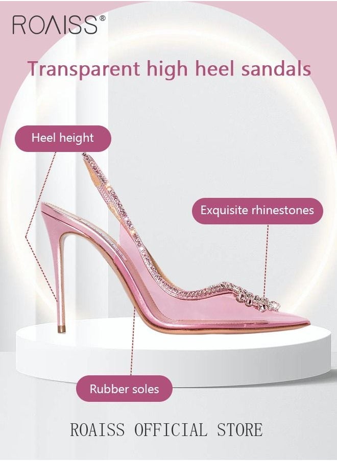 roaiss Women Rhinestone Decor Slingbacks PVC Stiletto Heeled Glamorous Pumps Fashion Crystal High Heels Slip On Slingback Pointed Closed Toe Transparent PVC Dress Wedding Sandals Summer Shoes - Image 1