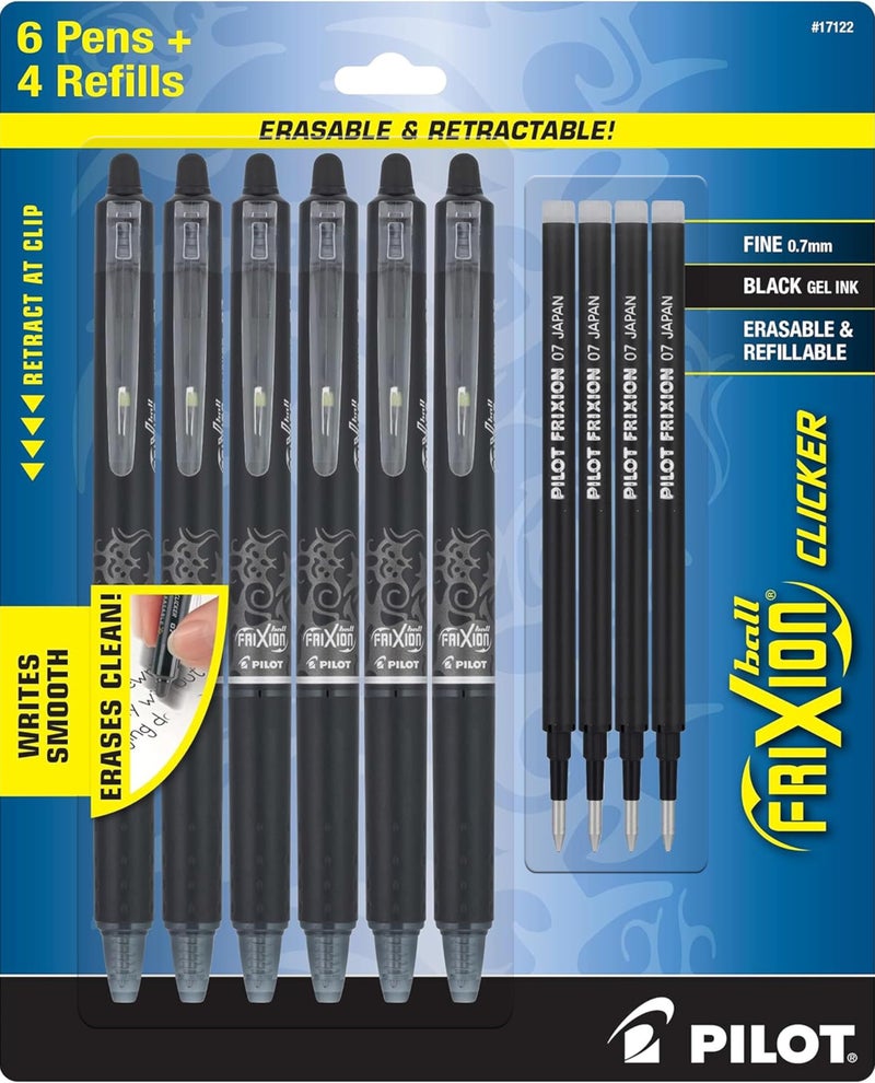 PILOT Frixion Erasable Pens, Fine Point 0.7mm Pack of 6 Black Retractable Ink Pens + 4 Bonus Refills - Image 1