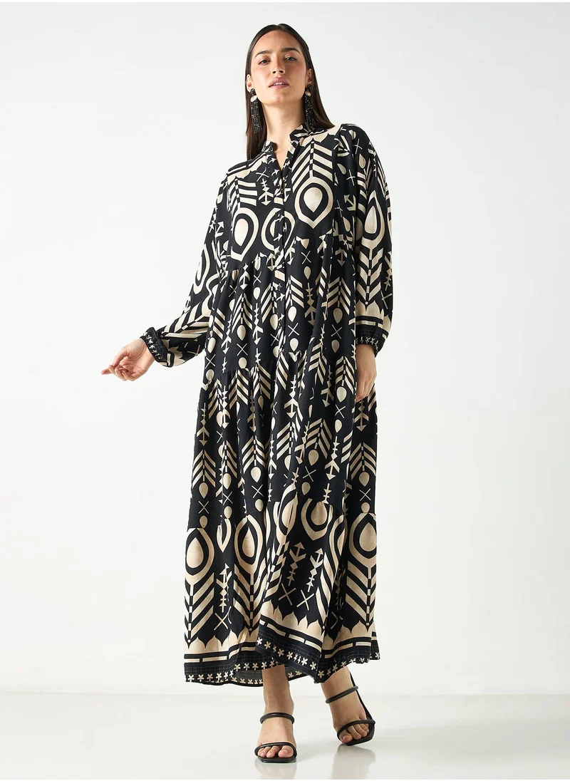 سنوار All-Over Print Mandarin Collar Dress with Long Sleeves