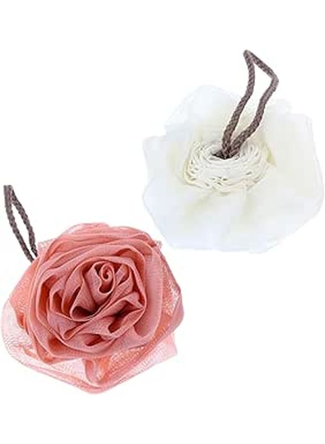 Soft Pink Milk White Flower Bath Loofah Sponge Set 2 Pcs Exfoliating Mesh Puff For Body Wash - Image 1