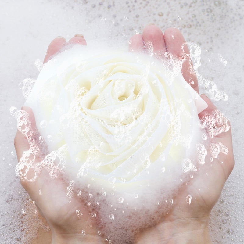 Soft Pink Milk White Flower Bath Loofah Sponge Set 2 Pcs Exfoliating Mesh Puff For Body Wash - Image 4