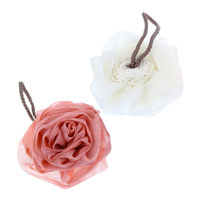 Soft Pink Milk White Flower Bath Loofah Sponge Set 2 Pcs Exfoliating Mesh Puff For Body Wash - Image 2