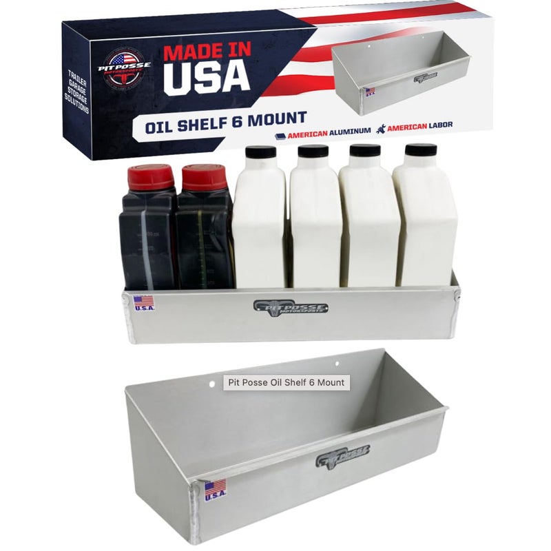 Pit Posse 563 Oil Shelf Caddy Six Bottle Rack Holder- Made in USA - Holds 6 Quarts of Automotive Motor Engine Oil - Enclosed Race Trailer Shop Garage Aluminum Storage Organizer (Silver) - Image 1