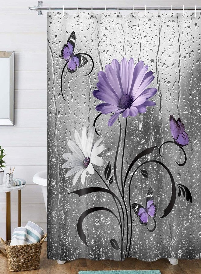 Uokiuki Rustic Purple Floral Boho Shower Curtain, Country Farmhouse Daisy Flowers and Butterfly for Bathroom, Grey Gray Violet Surreal Floral With 12PCS Hooks, 70X70IN - Image 1