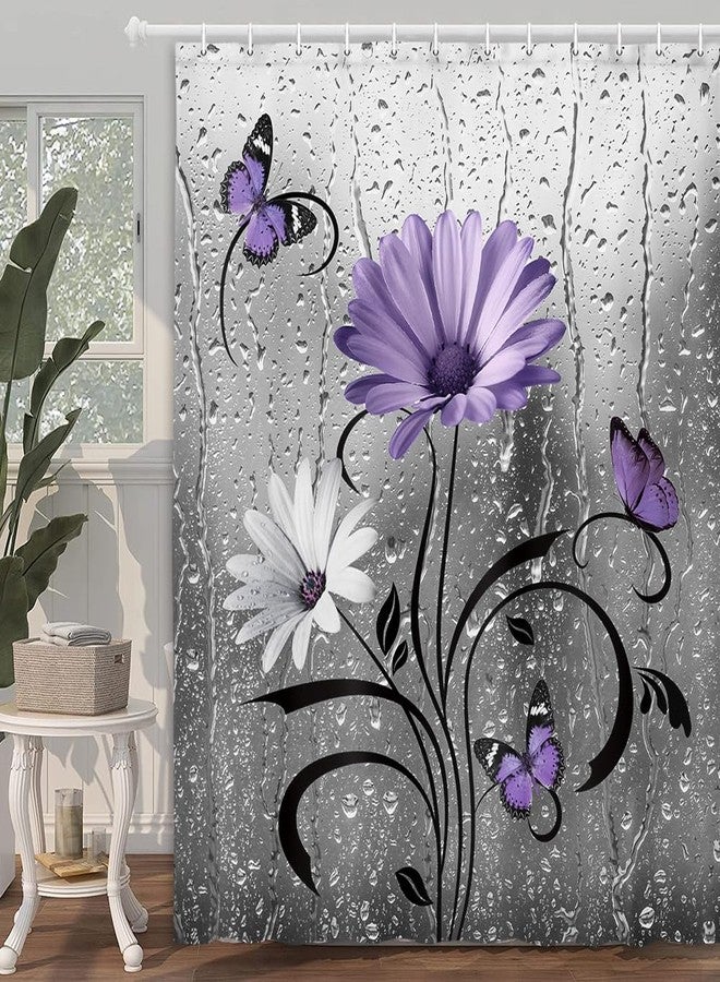 Uokiuki Rustic Purple Floral Boho Shower Curtain, Country Farmhouse Daisy Flowers and Butterfly for Bathroom, Grey Gray Violet Surreal Floral With 12PCS Hooks, 70X70IN - Image 3
