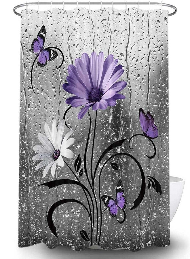 Uokiuki Rustic Purple Floral Boho Shower Curtain, Country Farmhouse Daisy Flowers and Butterfly for Bathroom, Grey Gray Violet Surreal Floral With 12PCS Hooks, 70X70IN - Image 4