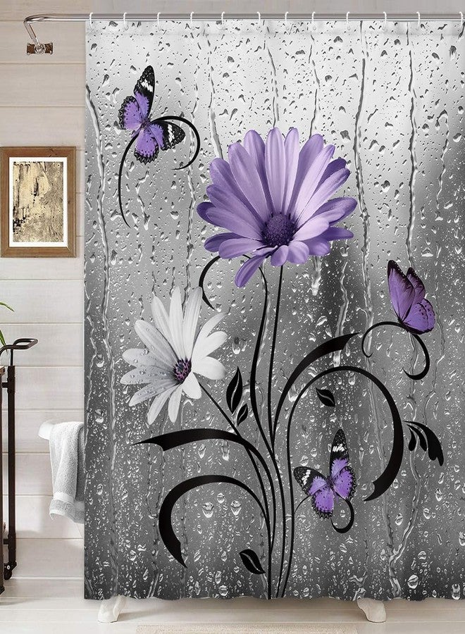 Uokiuki Rustic Purple Floral Boho Shower Curtain, Country Farmhouse Daisy Flowers and Butterfly for Bathroom, Grey Gray Violet Surreal Floral With 12PCS Hooks, 70X70IN - Image 2