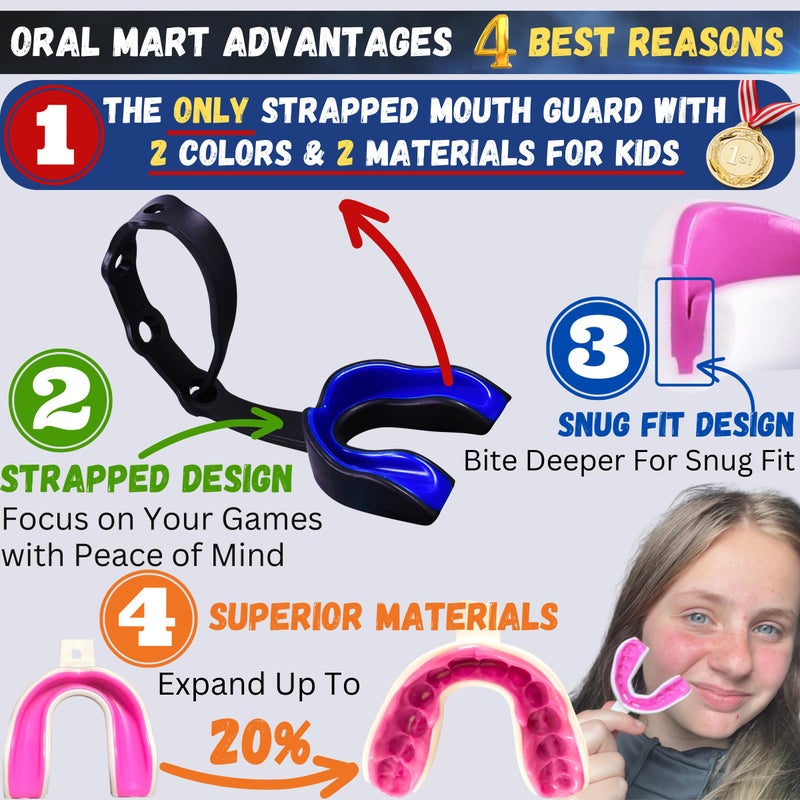 Oral Mart حارس الفم للشباب من أورال مارت باللونين الأسود والأزرق للأطفال - حارس فم رياضي مع حزام متصل لهوكي الجليد، كرة القدم، اللاكروس، التايكوندو - Image 2