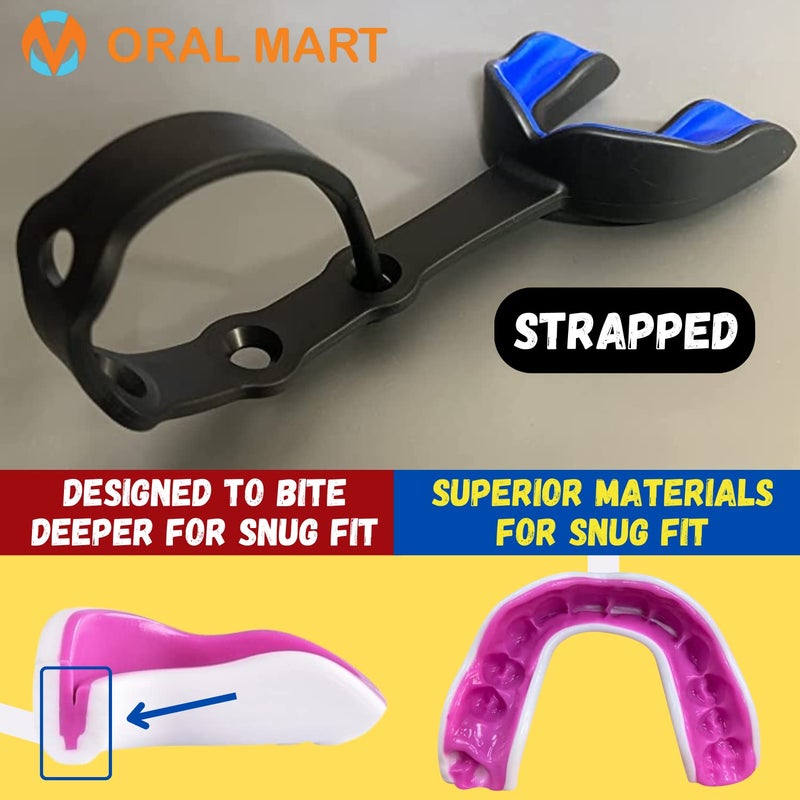 Oral Mart حارس الفم للشباب من أورال مارت باللونين الأسود والأزرق للأطفال - حارس فم رياضي مع حزام متصل لهوكي الجليد، كرة القدم، اللاكروس، التايكوندو - Image 5