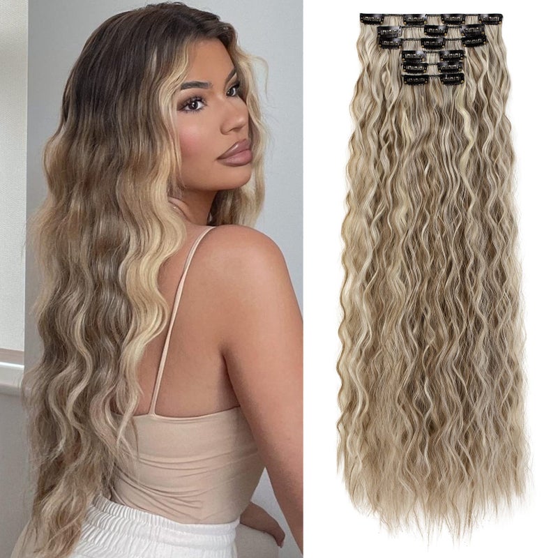 Flufymooz Clip In Hair Extensions6PCS Hair Extensions Long Mermaid Waves Wavy Synthetic Clip On Hairpiece For Women 24 Inch Ash Brown with Blonde Highlights