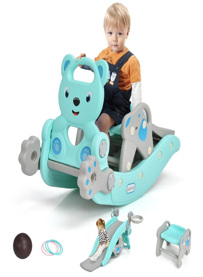 GLACER 5 in 1 Toddler Slide Rocking Toy, Rocking Horse Playset with Slide, Basketball Hoop, Ring Toss Game, Stool & Inflatable Basketball, Convertible Climber Playground for Indoors Outdoors (Green) - Image 1