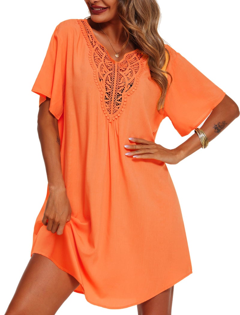 Supnier Cute Cover Ups for Swimwear Women V Neck Short Sleeve Swimsuit Coverup Flowy Beach Cover Up Dress Orange M - Image 1