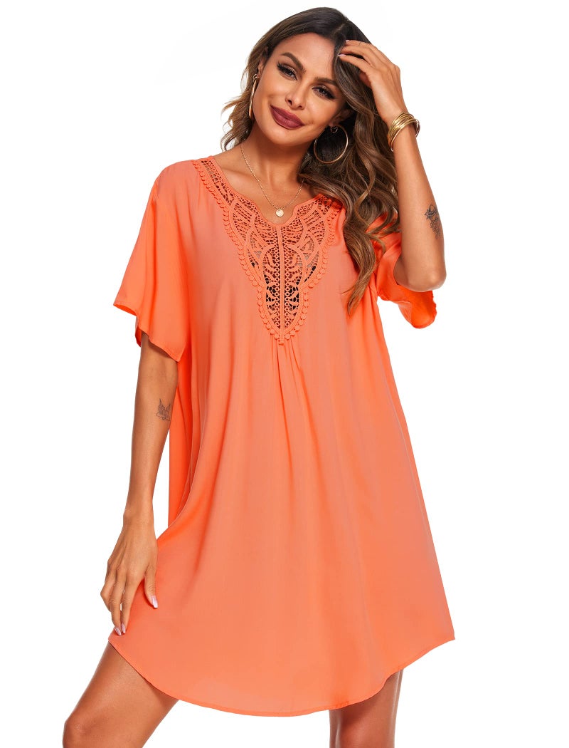 Supnier Cute Cover Ups for Swimwear Women V Neck Short Sleeve Swimsuit Coverup Flowy Beach Cover Up Dress Orange M - Image 2