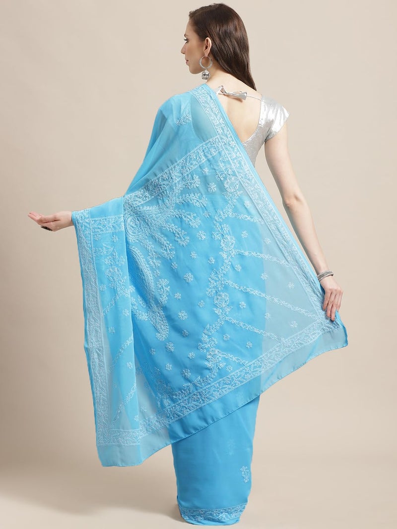 Ada Women's Hand Embroidered Lucknow Chikan Faux Georgette Saree With Blouse A219375 Blue - Image 2