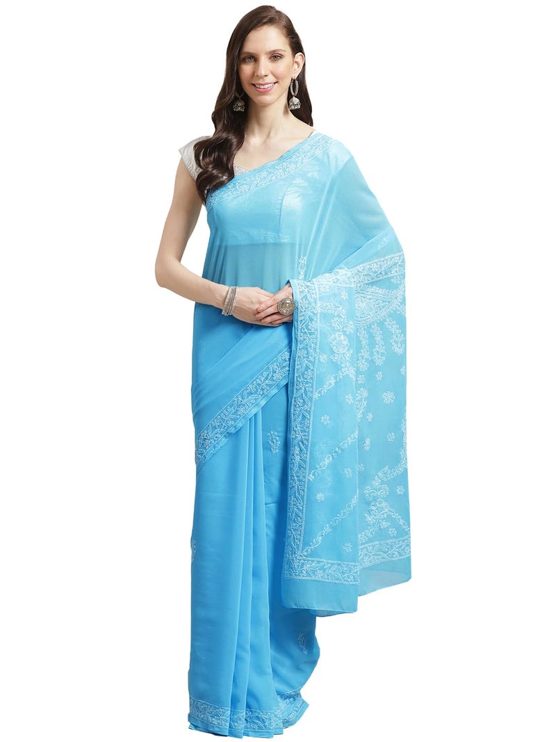 Ada Women's Hand Embroidered Lucknow Chikan Faux Georgette Saree With Blouse A219375 Blue - Image 1