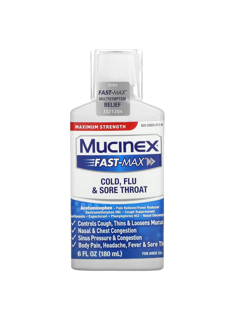 Fast-Max Cold, Flu & Sore Throat, Maximum Strength, For Ages 12+, 6 fl oz (180 ml)