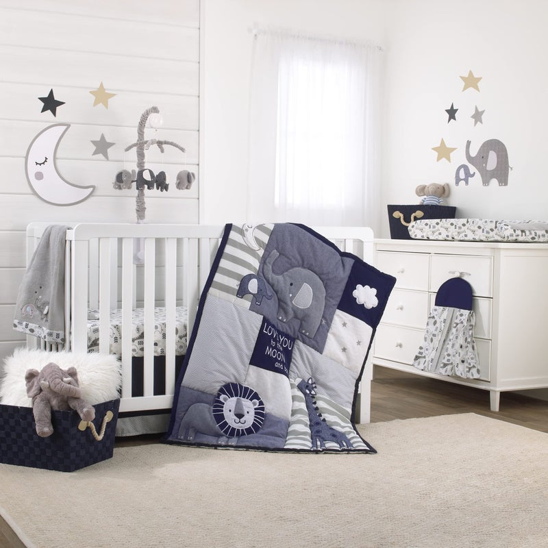 NoJo Love You to The Moon Navy Grey and Blue 4 Piece Nursery Crib Bedding Set with Comforter Fitted Crib Sheet Dust Ruffle Diaper Stacker