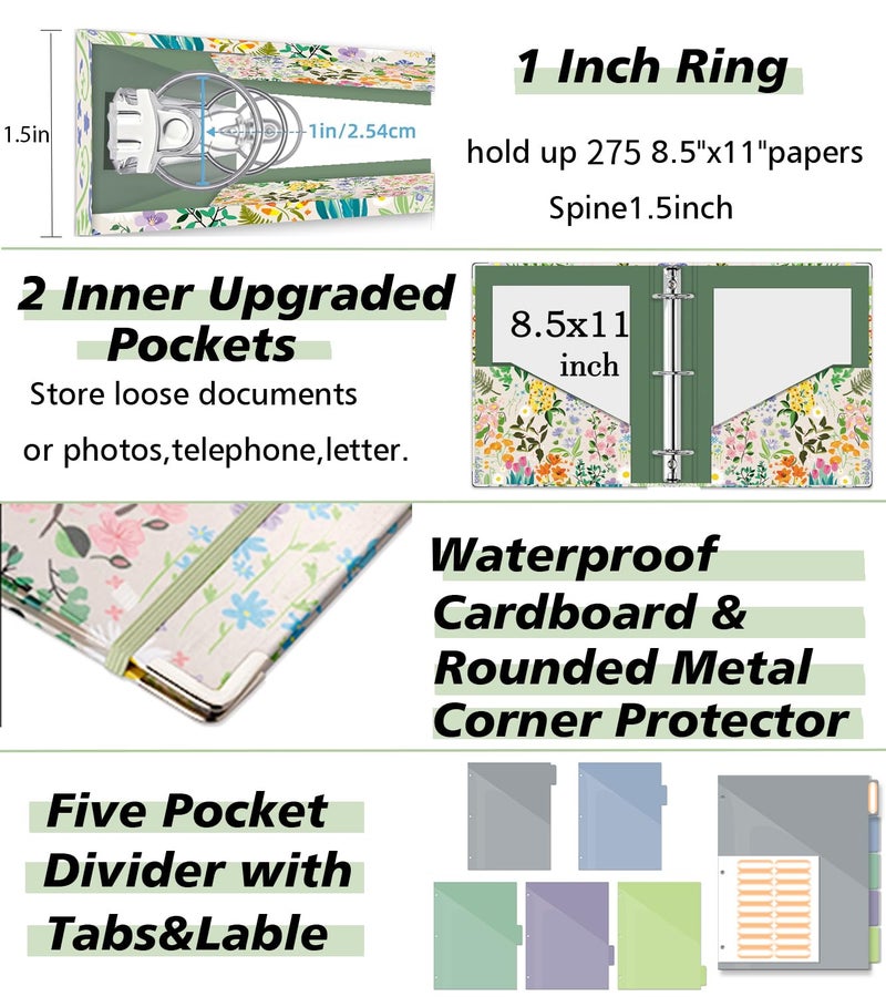 KLLVE 3 Ring 1 Inch Binder Organizer, KLLVE Three Ring Binders with Clipboard, 5-Tabs Pockets Dividers, Plastic Folder, 18 Divider Stikers,Pen Loop (Wildflower, Letter Size) - Image 4