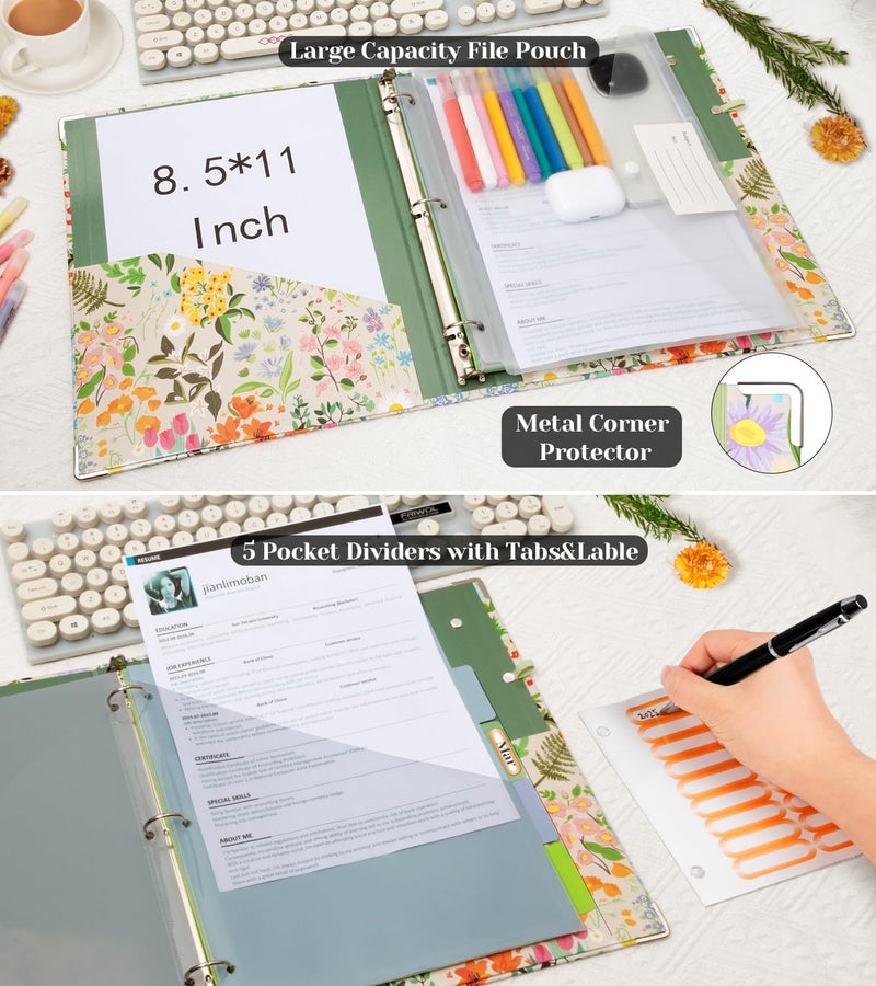 KLLVE 3 Ring 1 Inch Binder Organizer, KLLVE Three Ring Binders with Clipboard, 5-Tabs Pockets Dividers, Plastic Folder, 18 Divider Stikers,Pen Loop (Wildflower, Letter Size) - Image 3