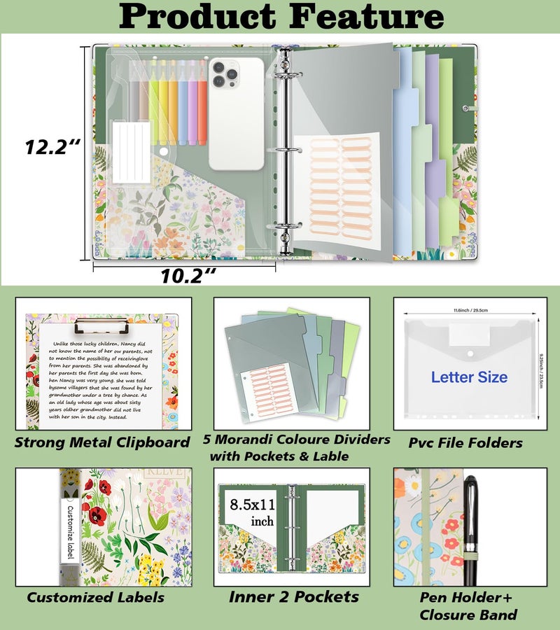 KLLVE 3 Ring 1 Inch Binder Organizer, KLLVE Three Ring Binders with Clipboard, 5-Tabs Pockets Dividers, Plastic Folder, 18 Divider Stikers,Pen Loop (Wildflower, Letter Size) - Image 2