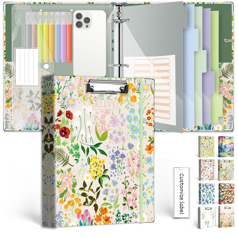 KLLVE 3 Ring 1 Inch Binder Organizer, KLLVE Three Ring Binders with Clipboard, 5-Tabs Pockets Dividers, Plastic Folder, 18 Divider Stikers,Pen Loop (Wildflower, Letter Size) - Image 1