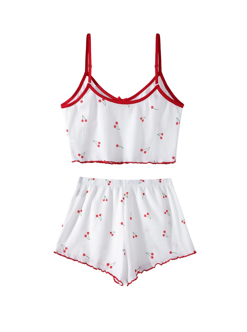 Hilinker Women's 2 Piece Cherry Pajama Set Ribbed Cami Top and Shorts Sleepwear Cute Pjs White Red Cherry B Small - Image 4