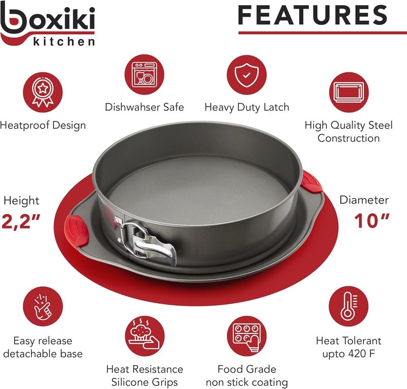 Boxiki Kitchen صينية بوكسيكي المطبخ غير اللاصقة مقاس 10 بوصة، قالب خبز الربيع الاحترافي وقالب خبز الجبن، صينية كيك مانعة للتسرب بمقابض سيليكون - Image 2