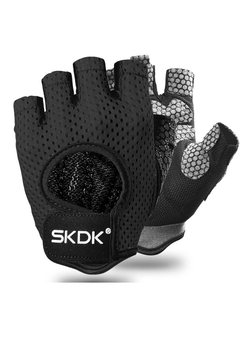 SKDK Breathable Exercise Gloves, Flexible Anti Slip Weight Lifting Gloves With Shock Absorbing Foam Pad Palm, Hollow Silicone Palm Training Gloves For Cycling, Bodybuilding, Gym Workout, (Size L, Black)  - Image 1