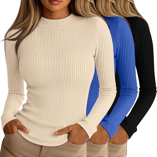 Riyiper 3 Pack Womens Ribbed Shirts Mock Turtleneck Long Sleeve Tops Slim Fitted Undershirts Casual Basic Layering TeesBlack Sky Blue CreamSmall - Image 1