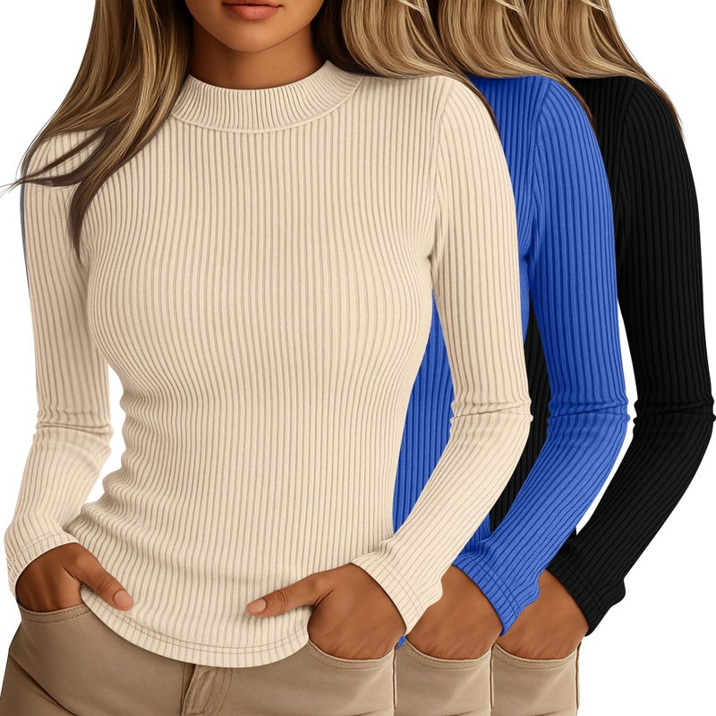 Riyiper 3 Pack Womens Ribbed Shirts Mock Turtleneck Long Sleeve Tops Slim Fitted Undershirts Casual Basic Layering TeesBlack Sky Blue CreamSmall - Image 2