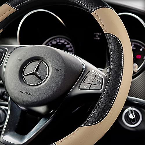 szttswamp Leather Car Steering Wheel Cover, Non-Slip Car Wheel Cover Protector Breathable Microfiber Leather Universal Fit for Most Cars(Beige) - Image 2