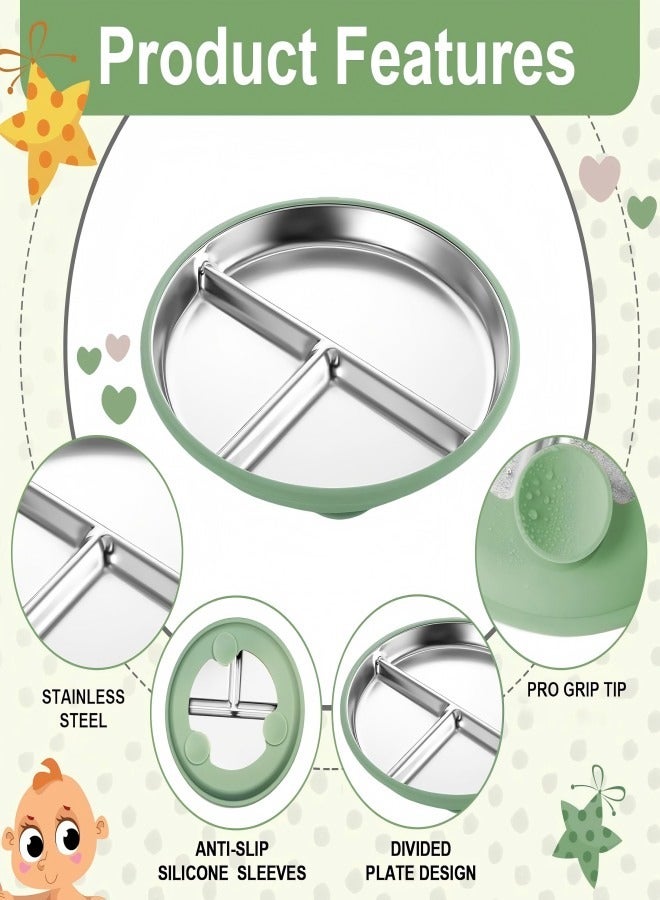 iMissiu 2 Pack Stainless Steel Baby Plates with Suction Cup, Divided Children's Plates with Removable Silicone Cover for Kids, Non-Slip, Unbreakable (Blue and Green) - Image 2