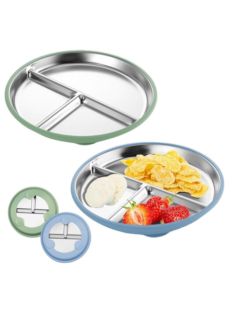iMissiu 2 Pack Stainless Steel Baby Plates with Suction Cup, Divided Children's Plates with Removable Silicone Cover for Kids, Non-Slip, Unbreakable (Blue and Green) - Image 1