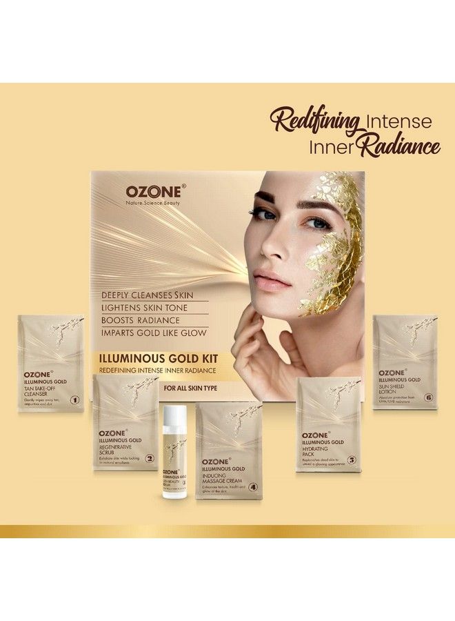 Ozone مجموعة العناية بالوجه الذهبية المضيئة للرجال والنساء؛ مثالية لجميع أنواع البشرة؛ مجموعة العناية بالوجه من 6 خطوات سهلة للحصول على بشرة مشرقة ومشرقة بلون ذهبي طبيعي (عبوة من قطعة واحدة) - Image 3