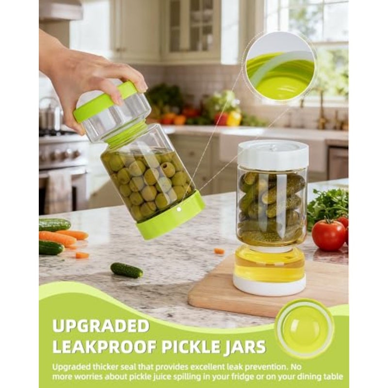 baihuoPickle Jar with Strainer Flip, Pickle Juice Separator Jar Flip Container from Wet and Dry, Upgraded Airtight Seal for Leakproof, 2 Pack Olive Hourglass Jars with Time Tracker Lid, 37oz - Image 2