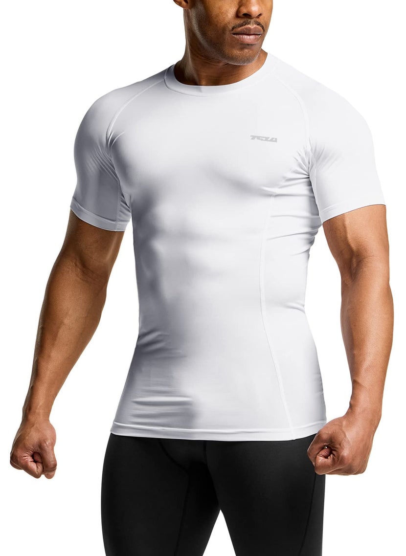 TSLA TSLA Men's UPF 50+ Quick Dry Short Sleeve Compression Shirts, Athletic Workout Shirt, Water Sports Rash Guard, Athletic Top Off White, Large  - Image 1