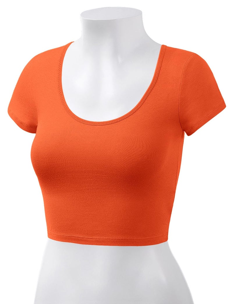 HATOPANTS Women's Cotton Crop Tops Short Sleeve Scoop Neck Stretchy Casual Shirt Orange M - Image 4