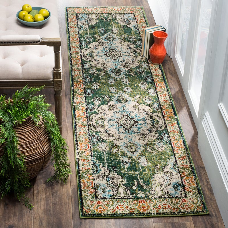 Safavieh SAFAVIEH Monaco Collection Runner Rug  22 x 6 Forest Green  Light Blue Medallion Distressed Design NonShedding  Easy Care Ideal for High Traffic Areas in Living Room Bedroom MNC243F 