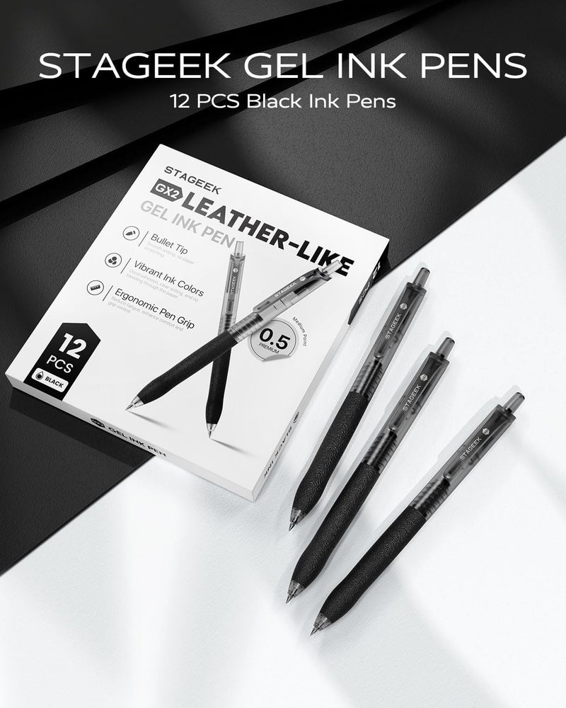 STAGEEK 0.5mm Gel Pens Fine Point Smooth Writing Pens, 12PCS Black Ink Pens, Retractable Leather-Like Black Gel Pens, Business Gel Pen for Journaling, Writing, School, Office Use (Black) - Image 3