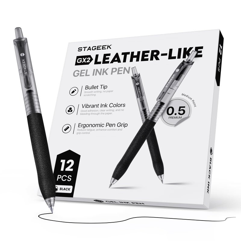STAGEEK 0.5mm Gel Pens Fine Point Smooth Writing Pens, 12PCS Black Ink Pens, Retractable Leather-Like Black Gel Pens, Business Gel Pen for Journaling, Writing, School, Office Use (Black) - Image 1