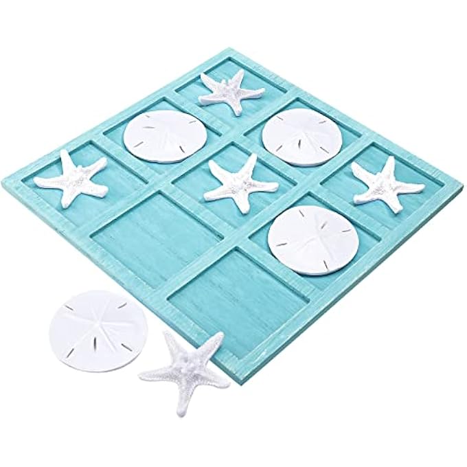 Sumind Beach House Decor Wooden Tic Tac Toe Game with Resin Seashell and Starfish Multilayer Tic Tac Toe Board Fun for Family Travel Beach Game 86 x 86 inchesBlue - Image 1