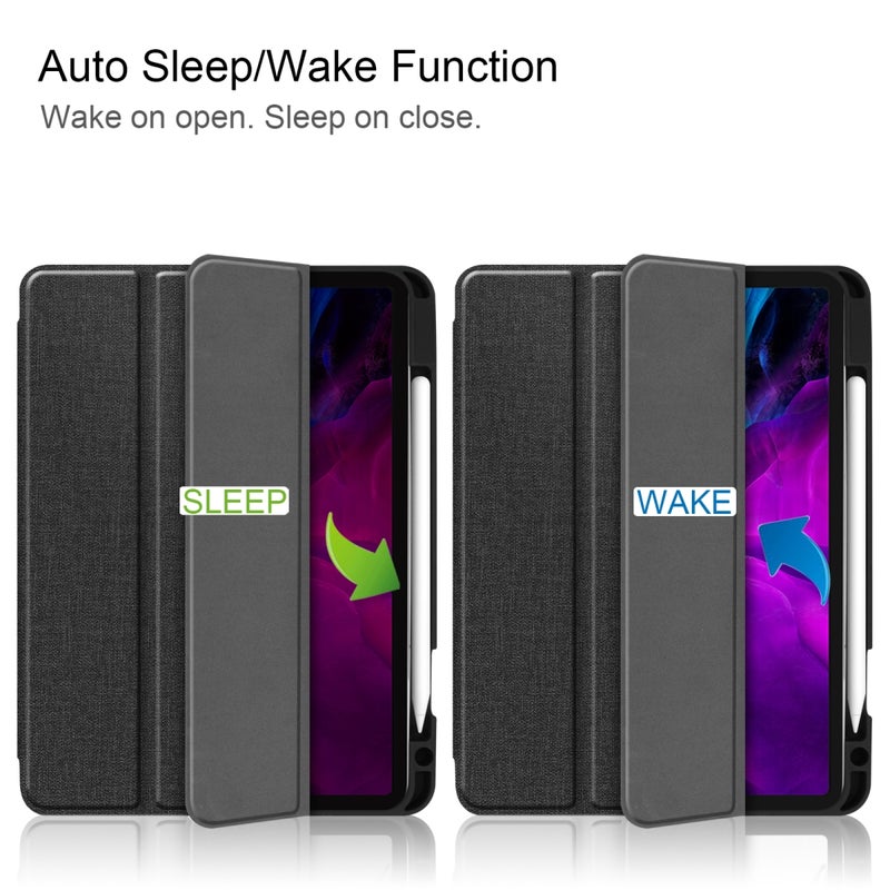 erorex For Ipad Pro 12.9 Inch 2020 Fabric Denim Tpu Smart Tablet Leather Tablet Case With Sleep Function & Tri-Fold Bracket & Pen Slot(Black) - Image 2